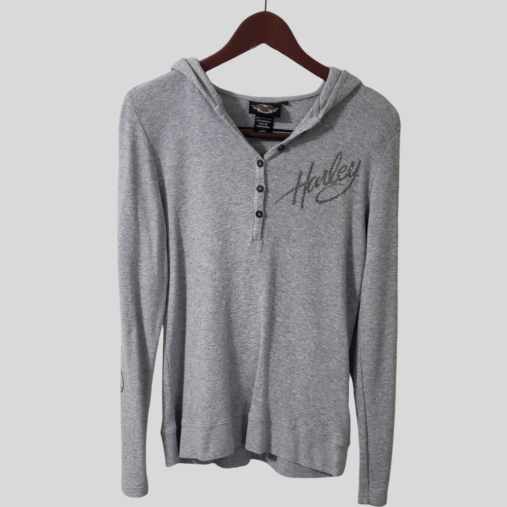 Harley Davidson Womens Gray Thermal Henley Hoodie Rhinestone Graphic Large